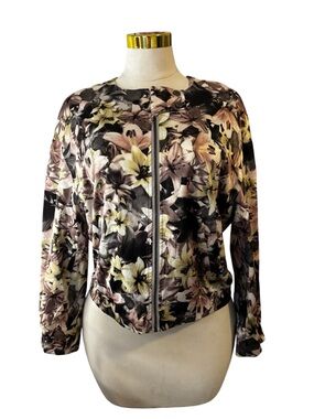 Zalando Collection Floral Satin Bomber Jacket L Black Lily Print Cropped